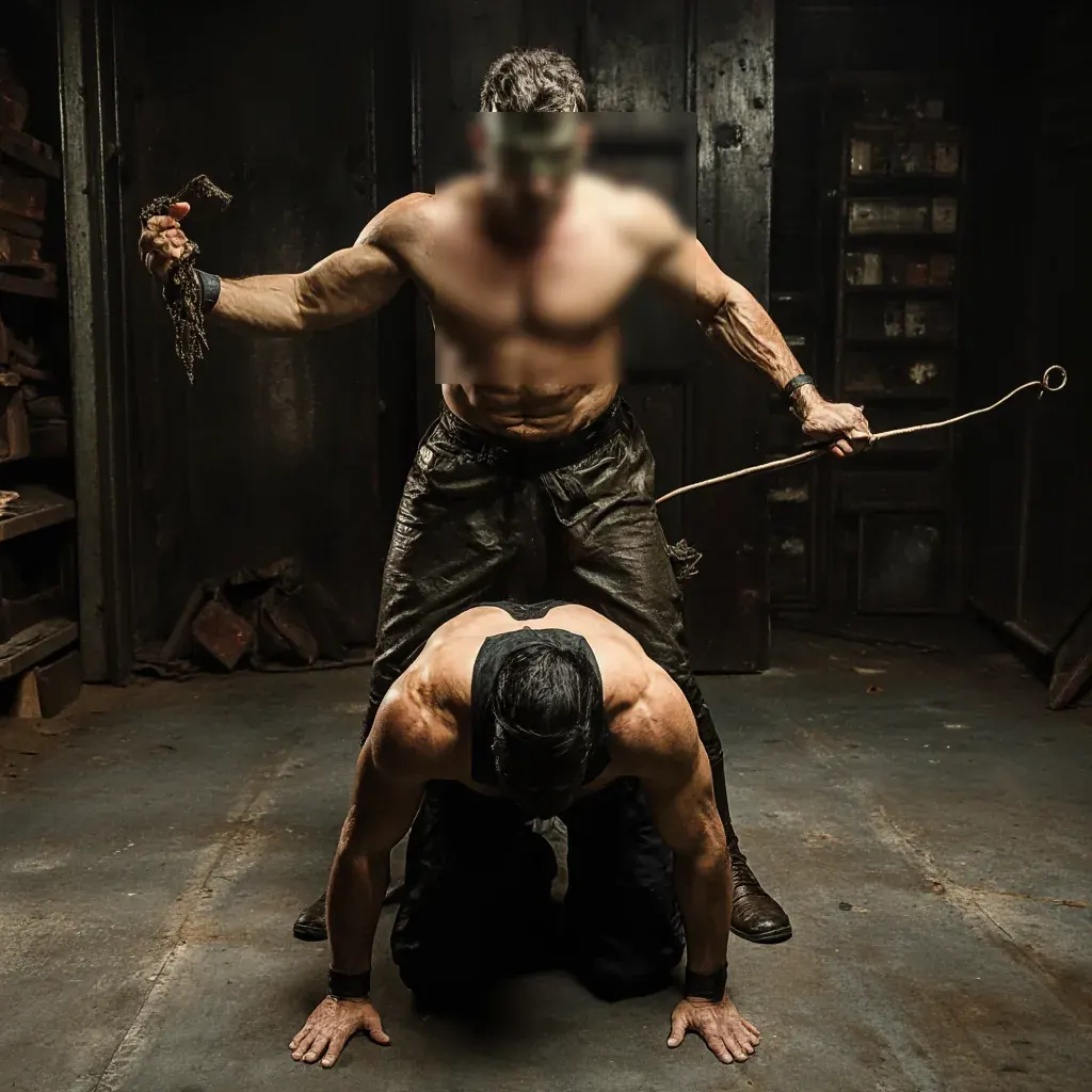 Two shirtless men in leather pants in a dark workshop, one with a blurred face and a rope-like object, for a UK kink dating app guide Two shirtless men in leather pants in a dark workshop, one with a blurred face and a rope-like object, for a UK kink dating app guide